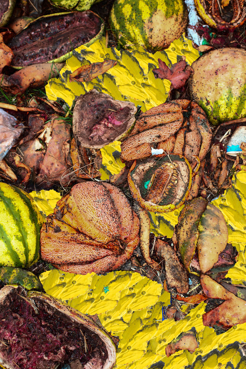 Rotten melons collaged on yellow background.